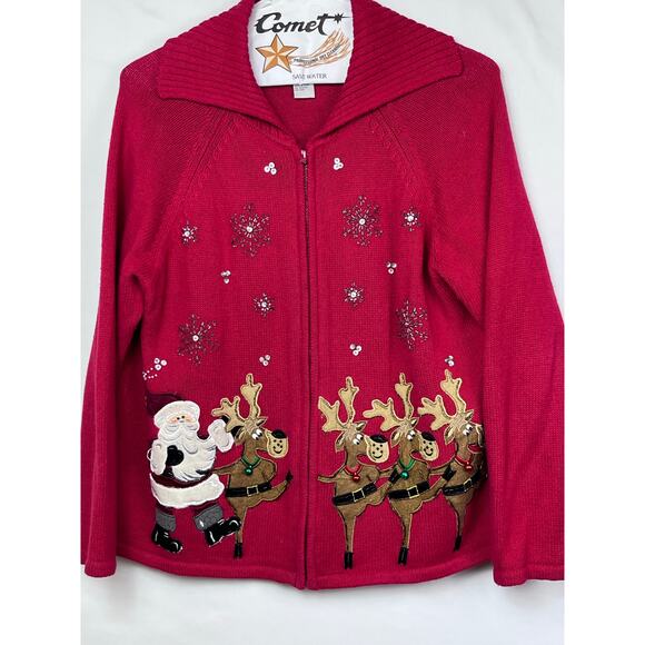 Tiara International Women's Large Red Christmas Reindeer Zip Front Cardigan - Picture 1 of 7